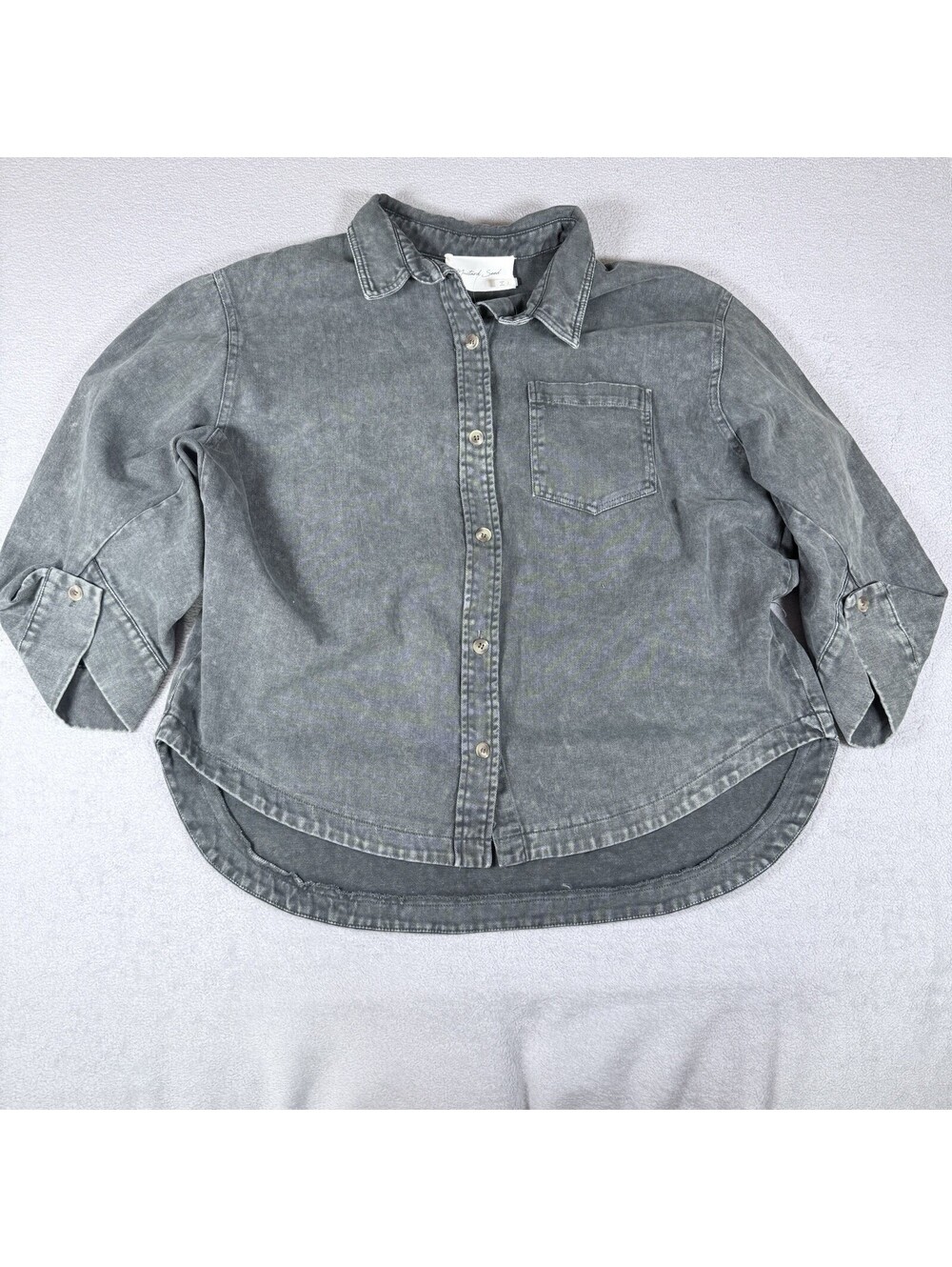 Mustard Seed Womens Crop Denim Distressed Jacket size Large Black/gray